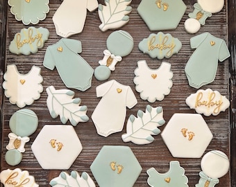 Baby Shower Sugar Cookies: Royal Icing, Gold Accent (Dairy-Free/Gluten-Free Options), made to order, by the dozen.