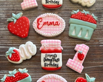 Berry First Birthday Sugar Cookies: Royal Icing, Personalized, gluten/dairy free options, by the dozen.