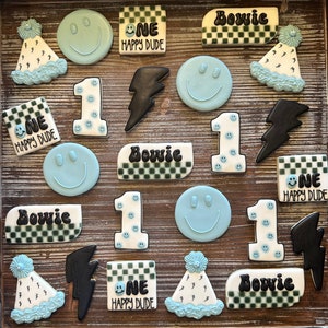 One Happy Dude sugar cookies w/royal icing, First Birthday cookies, by the dozen, gluten/dairy free options, made to order, Dude or Dudette