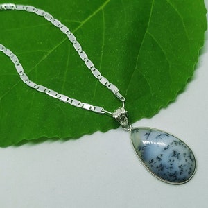 Dendritic Agate 925 Silver Pendant With Silver Chain, Natural Dendritic Agate Gemstone, Sterling Silver Chain Necklace, Teardrop Agate Stone