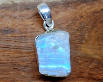 Raw Rainbow Moonstone 925 Sterling Silver Pendant: Unique Handmade Jewelry