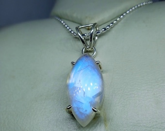 Rainbow Moonstone Necklace: Marquise Cabochon, Adjustable Sterling Silver