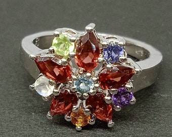 Flower Multigemstone Sterling Silver Ring - Handmade Size 7