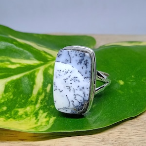 Dendritic Agate Ring in 925 Sterling Silver • Handmade Rectangle Gemstone Ring • Size 8.5 US • Nature-Inspired Statement Jewelry