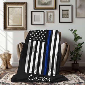 Custom Velveteen Plush Blanket Blue Line Flag Officer Cadet/officer/retiree/probation/deputy gift idea