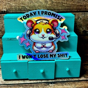 Pode incluir: Um adesivo hologr&aacute;fico com um hamster de desenho animado usando um fone de ouvido e o texto "TODAY I PROMISE I WON'T LOSE MY SHIT".