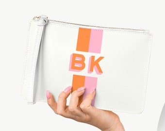 Shadow Monogram white Leather Clutch Personalized Wristlet Clutch Custom Initials Saffiano Vegan Leather Cute Gifts Bridal Gifts
