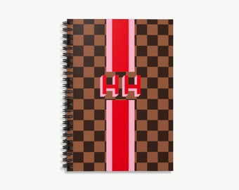 monogram check notebook, custom notebook, personalized stationery, custom stationery, lined notebook, custom journal, brown check pattern