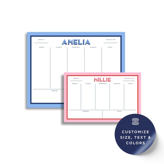 Weekly Planner Notepad: Personalized with Name and Colors (Two Sizes)