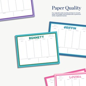 five colorful paper quality cards with blank spaces for writing, each featuring a different name and a list of tasks or goals.