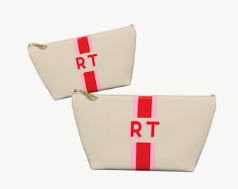 parchment canvas stripe shadow monogram accessory pouch personalized makeup initial cosmetic bag custom bridesmaid pouch bachelorette pouch