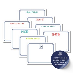 a collection of personalized name cards with various names and monograms, including Charles Clark, RGT, Eleanor Hayes, MCD, and Morgan Smith. The cards are arranged in a row, showcasing the different names and monograms.