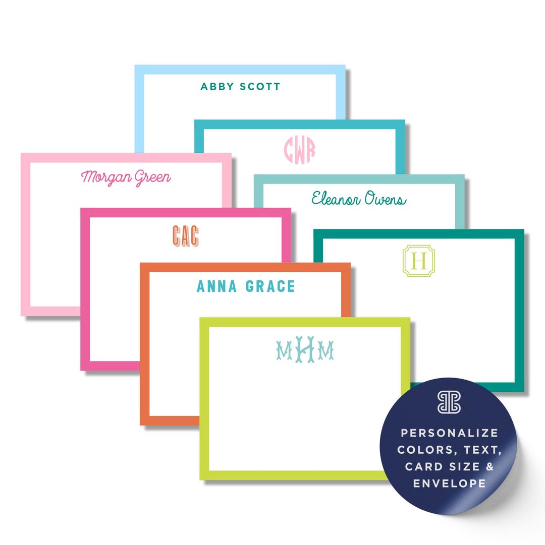 Personalized Monogram Notecard Set: Flat Cards With Border - Etsy