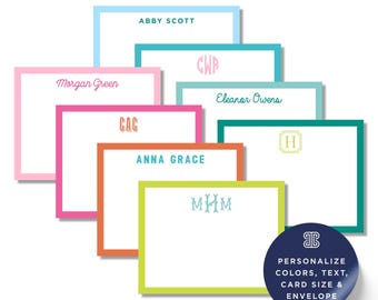Personalized Monogram Notecard Set: Flat Cards with Border