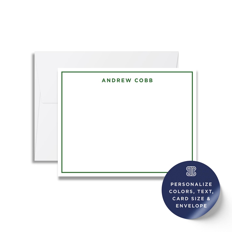 a white card with a green border, and there is a blue envelope with a white label on it.