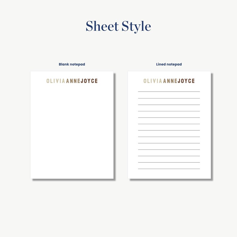 two blank notepads with the name 'OLIVIA ANNNEJOYCE' printed on them.