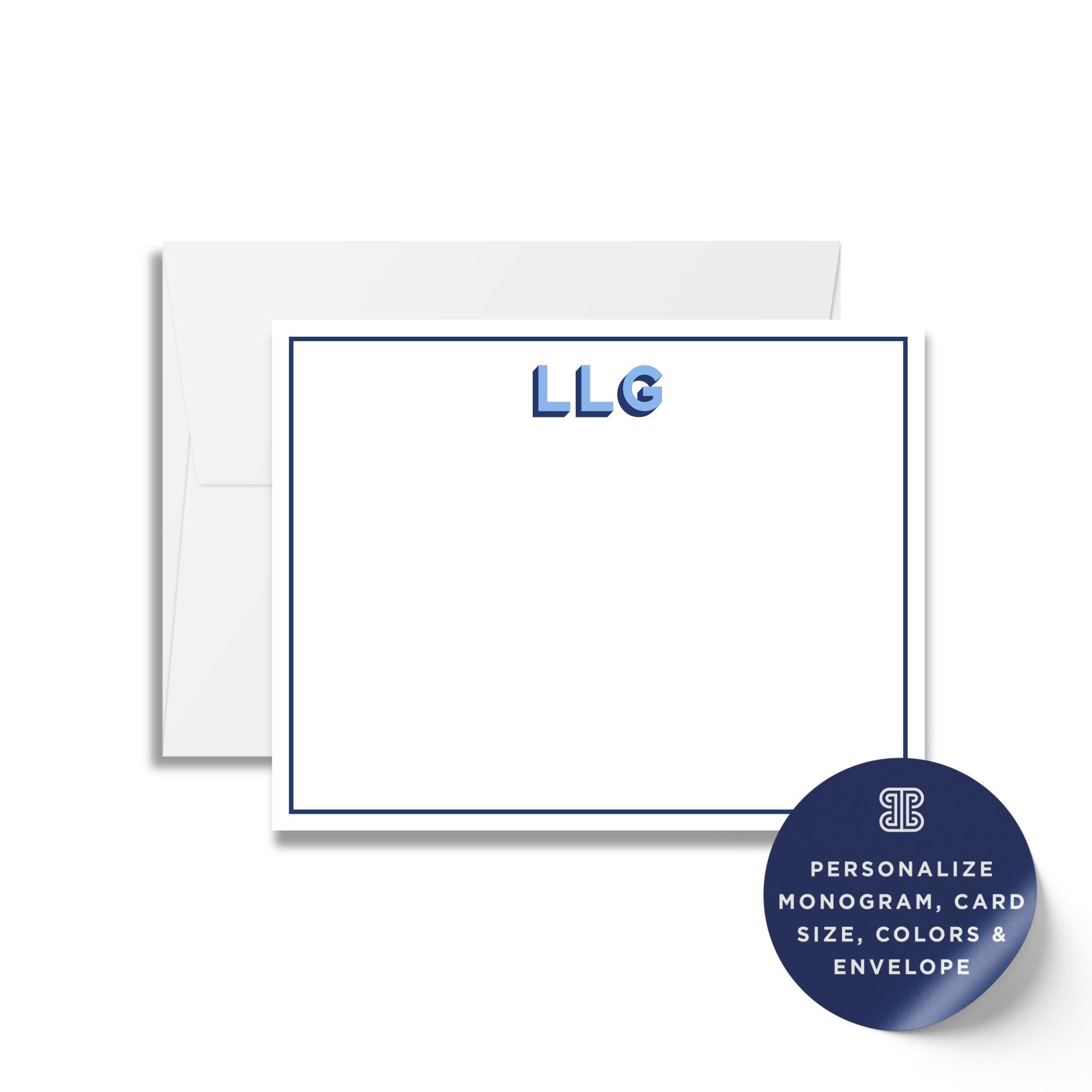 Monogrammed Notecard Set - Personalized Flat Cards With Border - Etsy