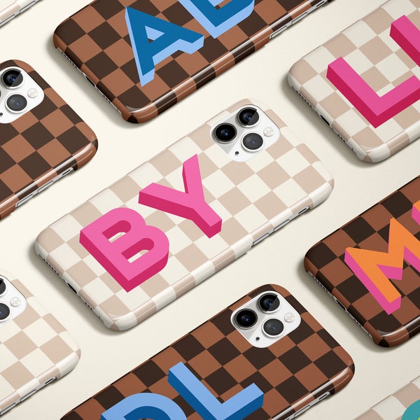 Check Shadow Large Monogram Personalized Initial iPhone 15 Case Checkered Custom iPhone 13 Pro Case iPhone 11 XS 8 7 Plus XR Samsung Galaxy