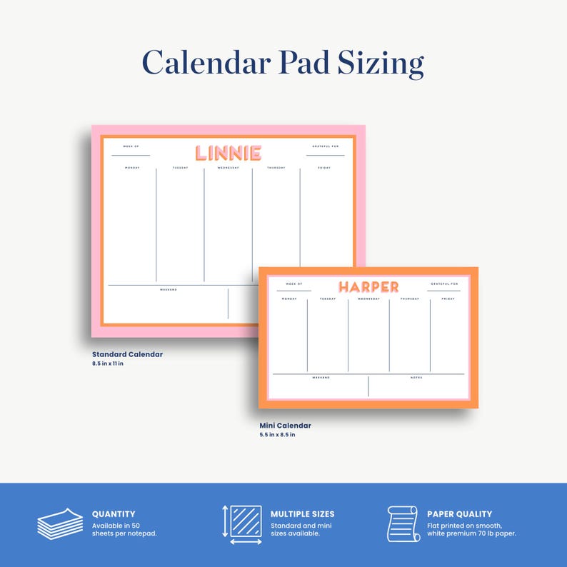 two different sizes of calendar pads, one standard and one mini. The standard calendar is 5.5 x 11 inches, while the mini calendar is 5.5 x 8.5 inches. The standard calendar is larger than the mini calendar, and both pads are available in multiple sizes, including standard and mini. The image also includes information about the paper quality, stating that the paper is white and premium quality, with a maximum size of 70 sheets per pad.