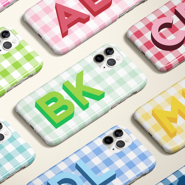 Gingham Shadow Large Monogram Personalized Initial iPhone 15 Case Custom iPhone 13 Pro Case iPhone 11 XS 8 7 Plus XR Samsung Galaxy