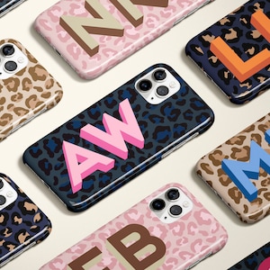 Leopard Shadow Large Monogram Personalized Initial iPhone 15 Case Custom iPhone 13 Pro Case iPhone 11 XS 8 7 Plus XR Samsung Galaxy