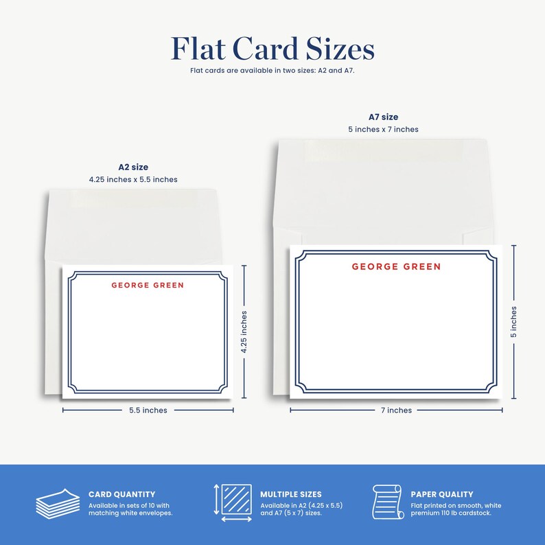 two flat cards, each with a different size and design, along with their respective dimensions and features.