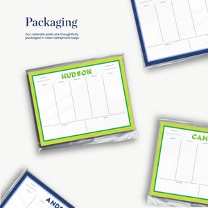 three different colored sticky notes or pads with the word "HUDSON" written on them, along with the names "ANDREW" and "CANDEN" written below.