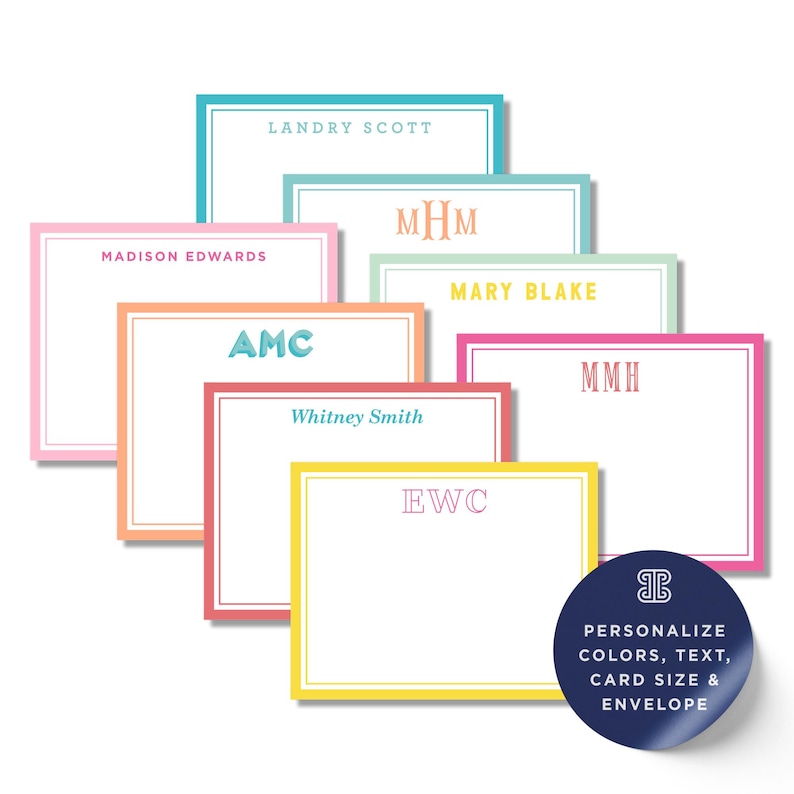 Notecard Set: Custom Monogram Flat Cards - Over 40 Colors - Etsy