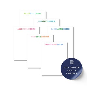 a collection of personalized note cards with names printed on them, along with a sticker that says "Customize Text & Colors".