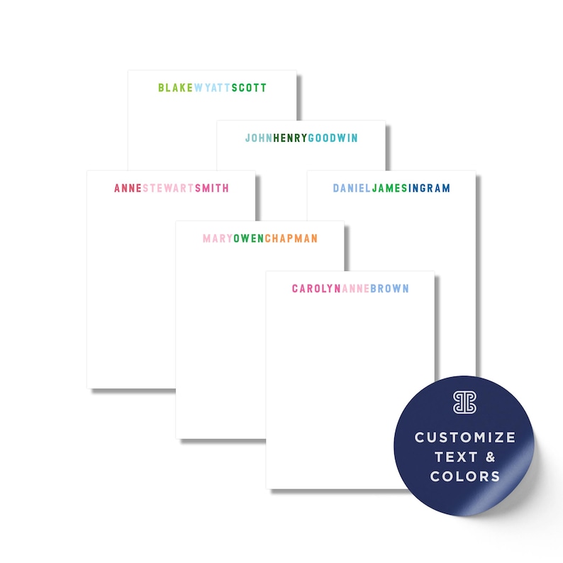a collection of personalized note cards with names printed on them, along with a sticker that says "Customize Text & Colors".