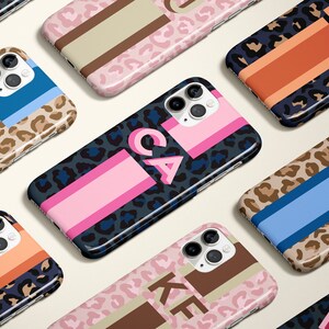 Leopard Shadow Monogram Personalized Stripe Initial iPhone 15 Case Custom iPhone 13 Pro Case iPhone 11 XS 8 7 Plus XR Samsung Galaxy