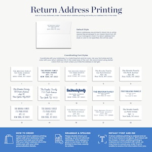 a blue and white business card with the words return address printing