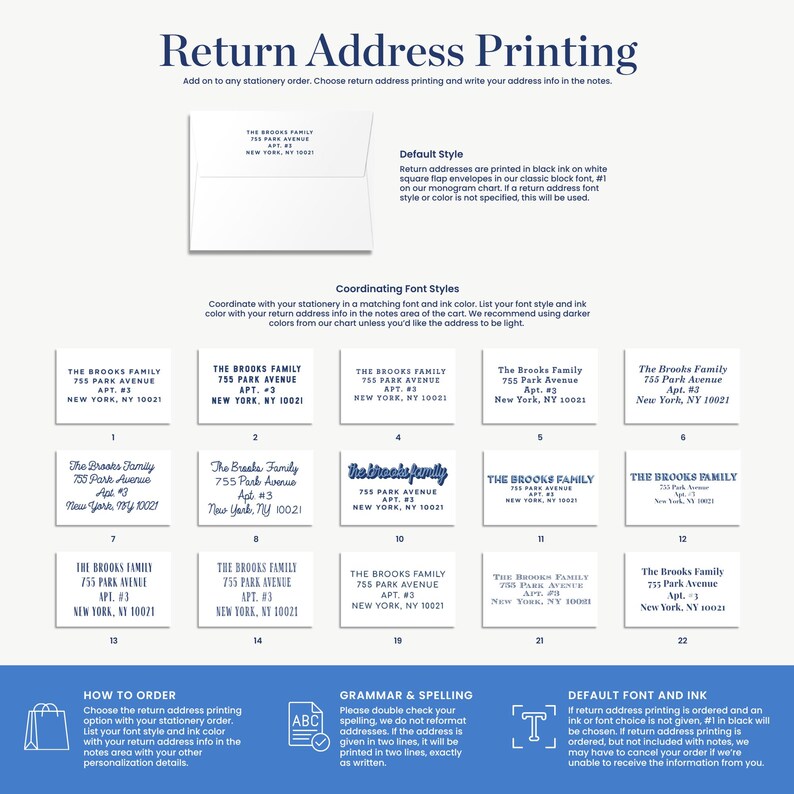 a blue and white business card with the words return address printing