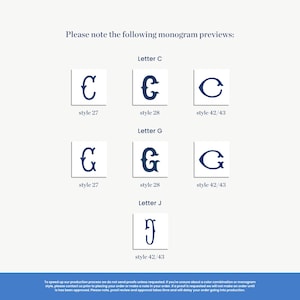 monogram preview examples, including various styles of capital letters and other letter combinations. The text provides instructions for sending these monogram examples, and it mentions that the production process does not include sending proof of review or approval times. The instructions advise to send proof of review and approval times, and to delay the order going to production.