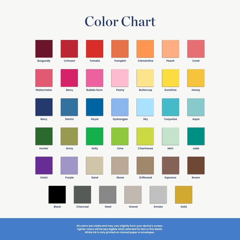 The image is a color chart that displays a variety of different colors, including shades of red, orange, pink, yellow, green, blue, purple, and more. The chart is organized in a grid format with rows and columns, and it includes a legend that explains the color names and their corresponding color codes. The chart is designed to be used as a reference for selecting colors, either for artistic purposes or for selecting the right color scheme for a specific project or event.