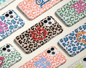 Monogram Phone Case, custom Double Monogram iphone 15 14 pro 13 plus 12 pro max protective case, colorful leopard phone case