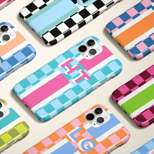 Monogram Stripe Checkerboard Personalized Initial iPhone 15 Case Checkered Custom iPhone 13 Pro Case iPhone 11 Plus, colorful check pattern