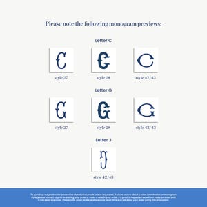 monogram preview examples, including various styles of capital letters and other letter combinations. The text provides instructions for sending these monogram examples, and it mentions that the production process does not include sending proof of review or approval times. The instructions advise to send proof of review and approval times, and to delay the order going to production.