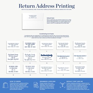 a blue and white business card with the words return address printing