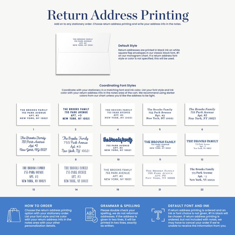 a blue and white business card with the words return address printing