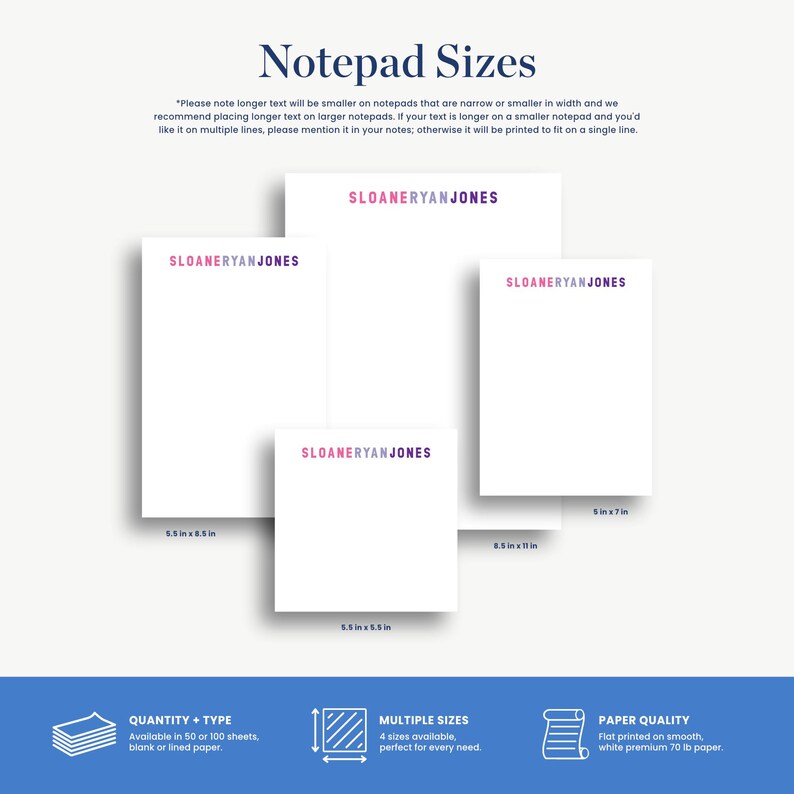 The image is a collection of three different sizes of notebooks, each with a unique design and dimensions. The notebooks are labeled as Sloane Ryan Jones, Sloane Ryan Jones, and Sloane Ryan Jones. The image also includes text that provides information about the notebook sizes and their features, such as the quantity, type, multiple sizes, and paper quality.