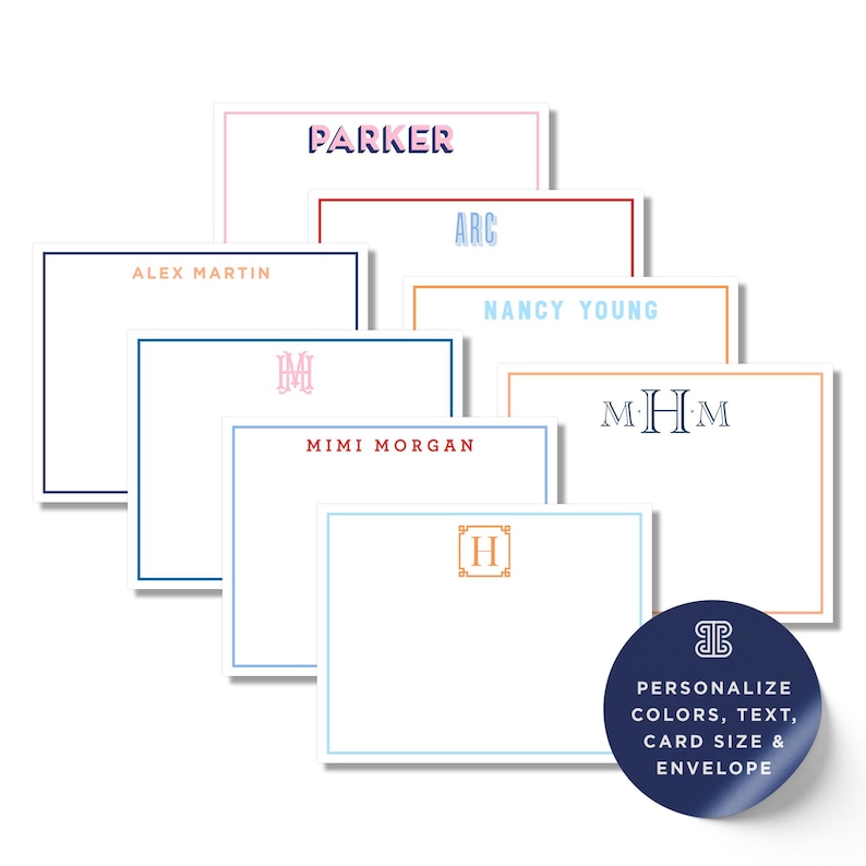 a collection of personalized stationery items, including name cards and envelopes, each with unique monogrammed names and designs.