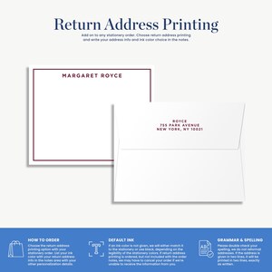 The image is a return address printing guide that provides instructions on how to order a return address, including the choice of return address printing and the option to write the address in the notes.