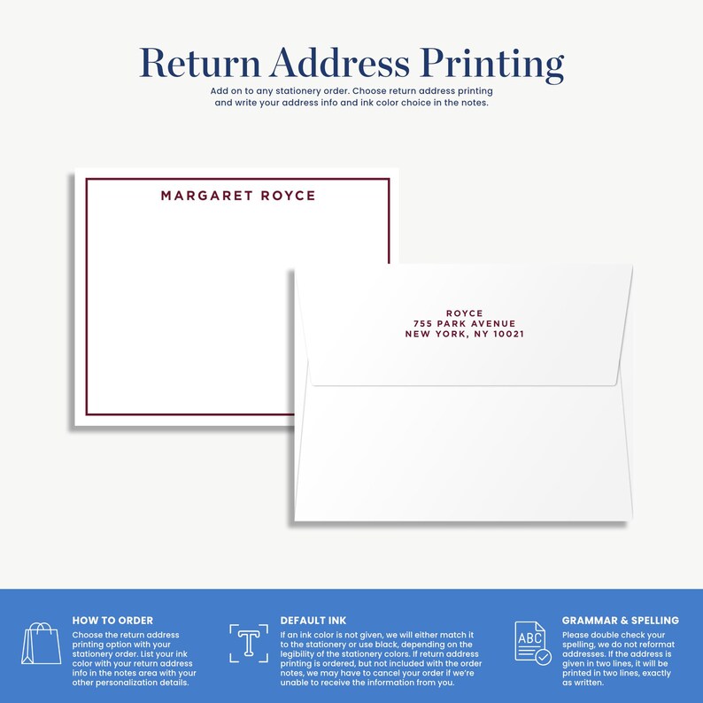 The image is a return address printing guide that provides instructions on how to order a return address, including the choice of return address printing and the option to write the address in the notes.