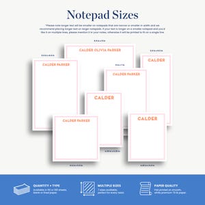 a variety of notepad sizes, including different dimensions and types, such as blank or lined paper.