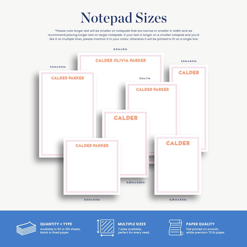 a variety of notepad sizes, including different dimensions and types, such as blank or lined paper.