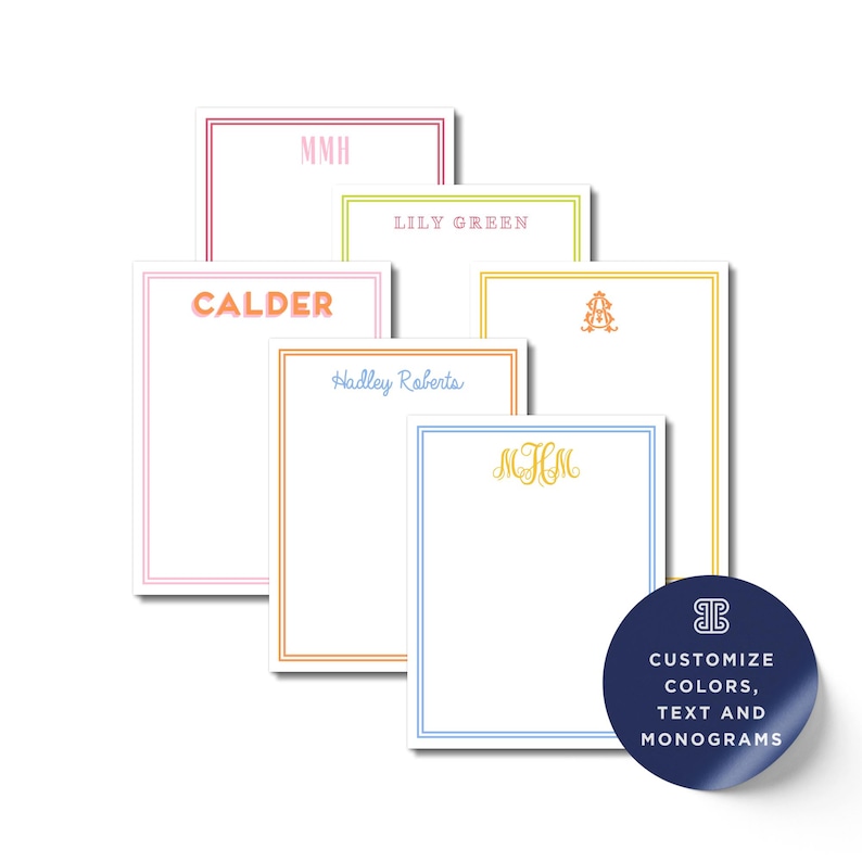 a collection of personalized stationery items, including name cards and monogrammed designs. The stationery items are arranged in a row, with each one featuring a unique name and monogram. The stationery items are available in various colors, and the image also includes a sticker that encourages customization of colors, text, and monograms.