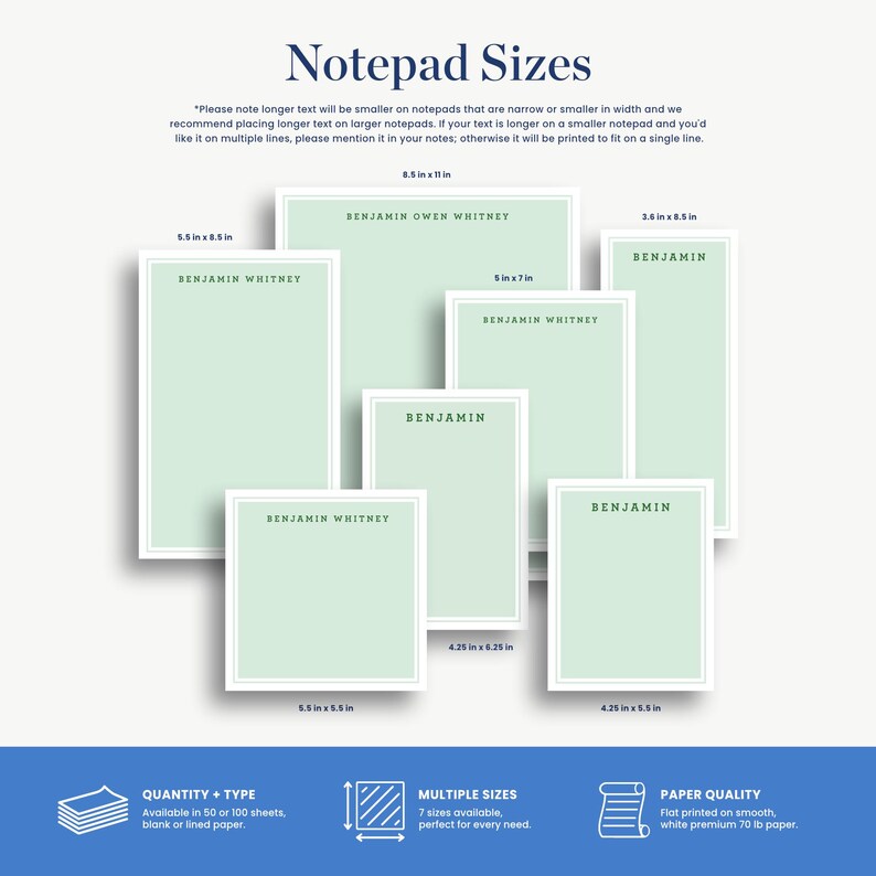 a variety of notebook sizes, including 5.5 x 8.5 inches, 5.5 x 6.5 inches, and 5.5 x 7.5 inches, as well as Benjamin Whitney notebooks in different sizes.