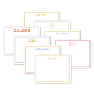 May include: Set of eight blank stationery cards with colorful borders and personalized names and monograms. The names include Calder, Libby Grace, Lily Green, W.G.T., M.H.M., M.M.H., and Hadley Roberts.