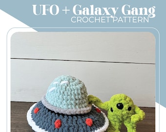 Puede incluir: Patrón de crochet para un OVNI y un extraterrestre. El OVNI es gris con puntos rojos y un borde blanco. El extraterrestre es verde con ojos grandes. El patrón se llama "UFO + Galaxy Gang".